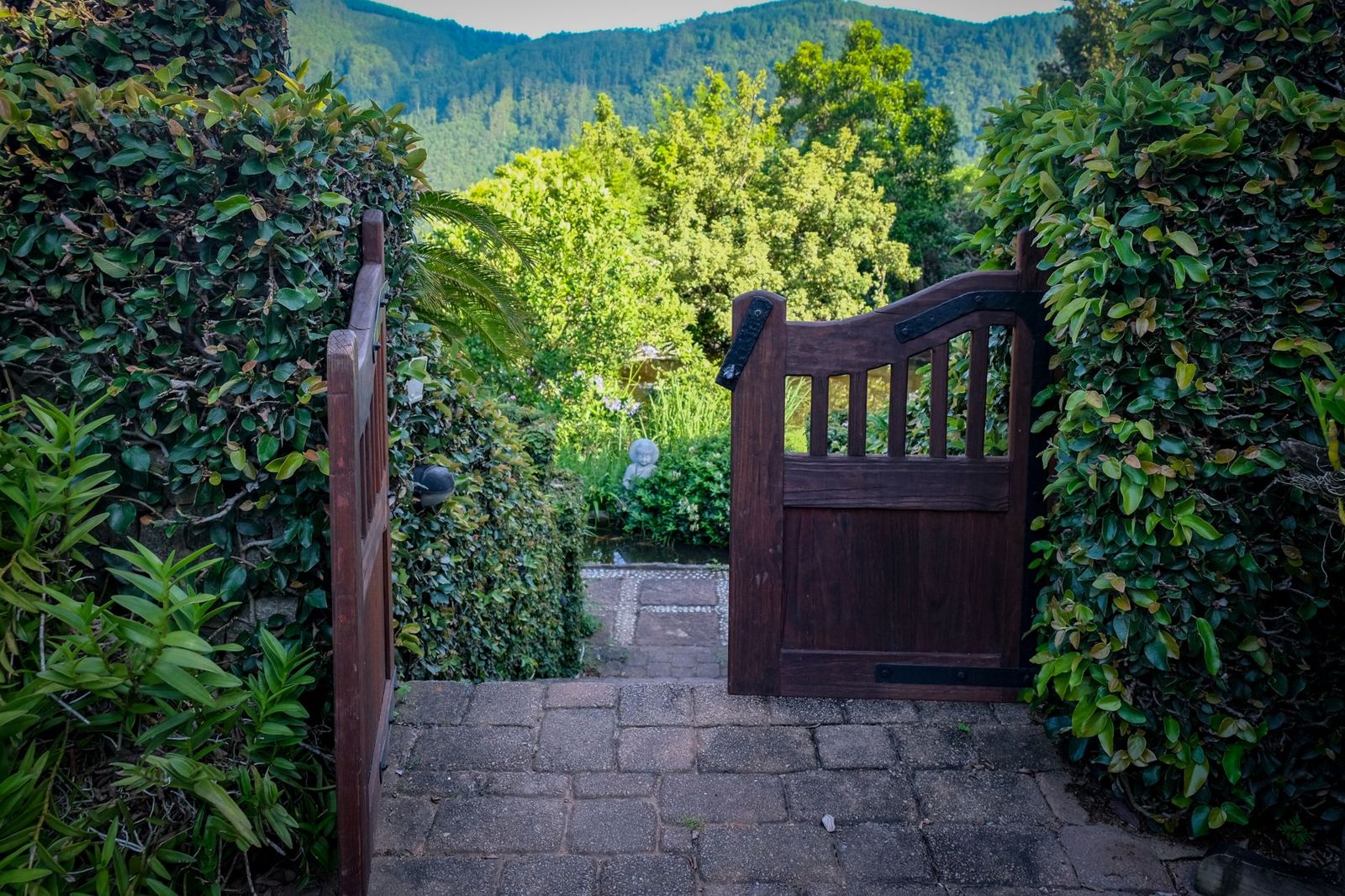 A pair of dark wooden garden gates with black iron straps standing open onto a stone path through green hedges